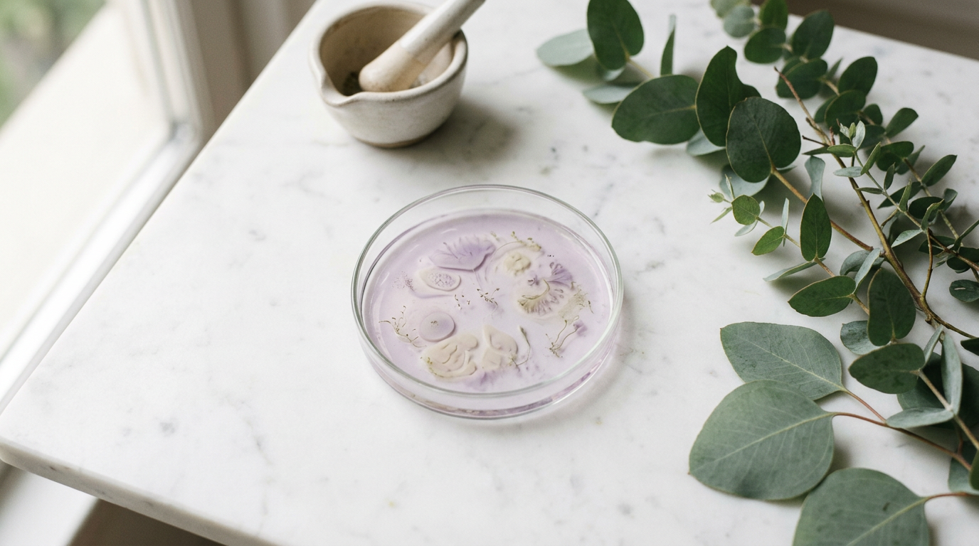 Microbiota intima: petri con patron organico y mortero sobre marmol, Vela Lab