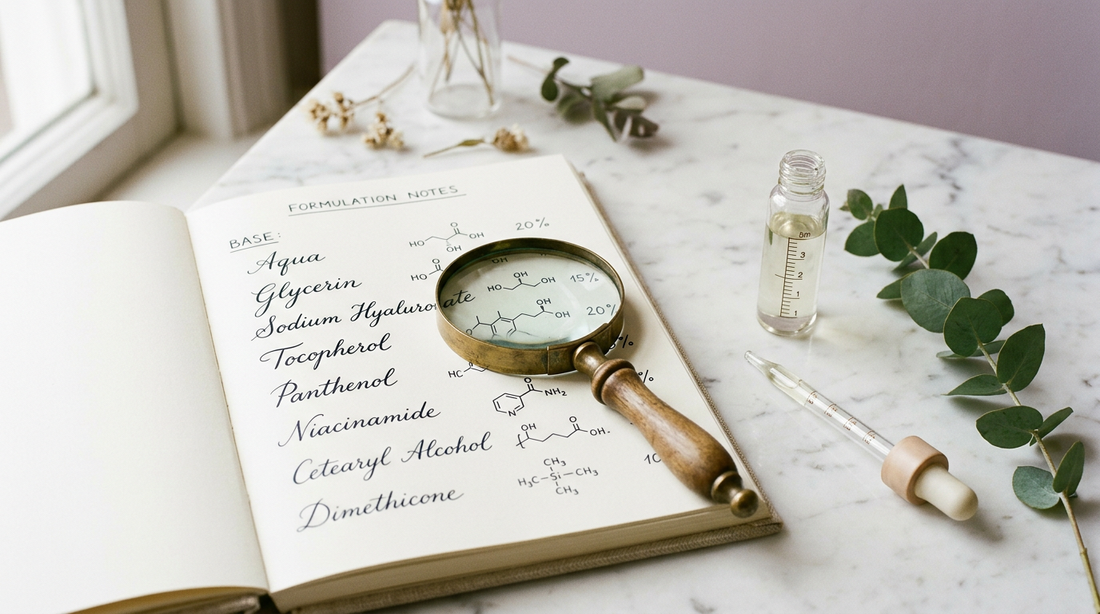 Como leer INCI cosmetico: libreta con ingredientes y lupa sobre marmol, Vela Lab