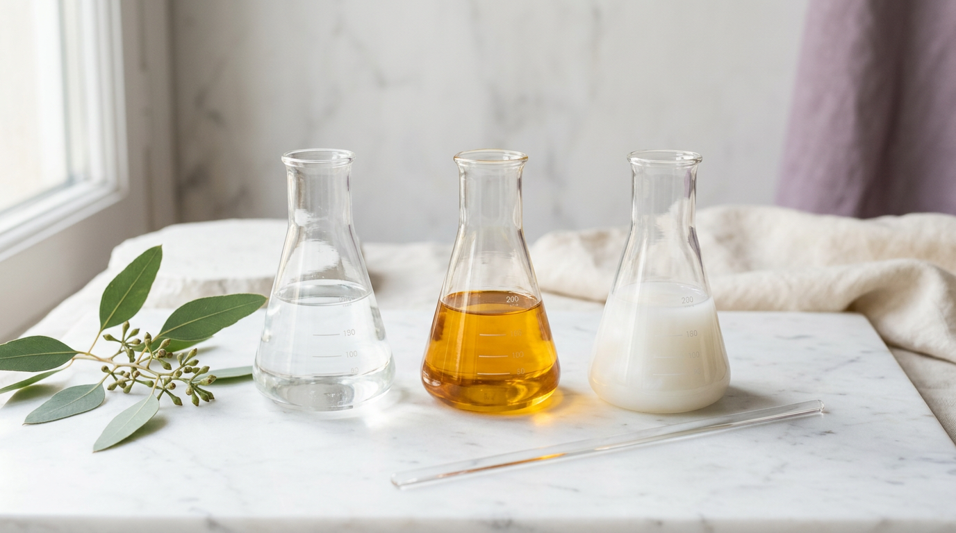 Lubricante intimo: 3 matraces con liquidos diferenciados sobre marmol, Vela Lab
