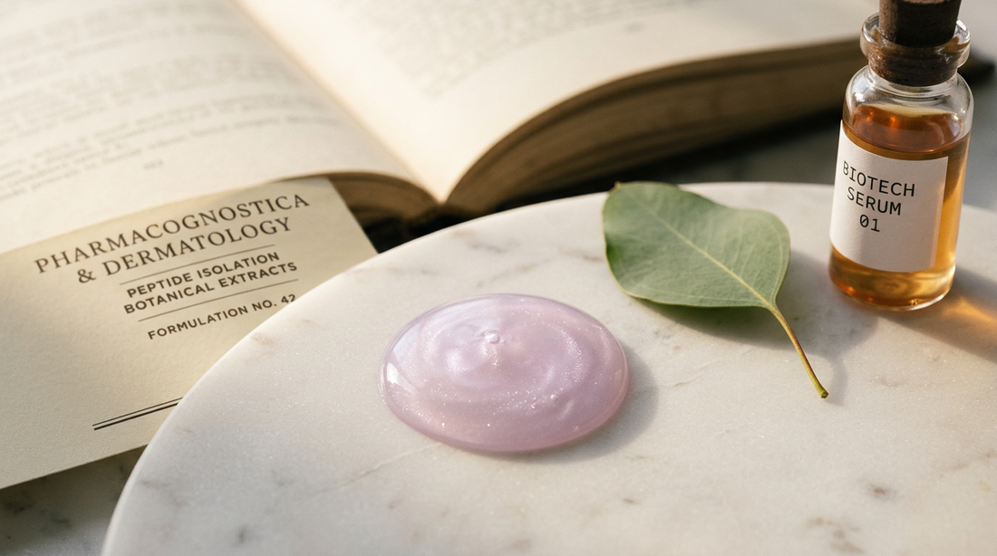 Exosomas piel intima: gota macro con shimmer biotech y libro cientifico, Vela Lab
