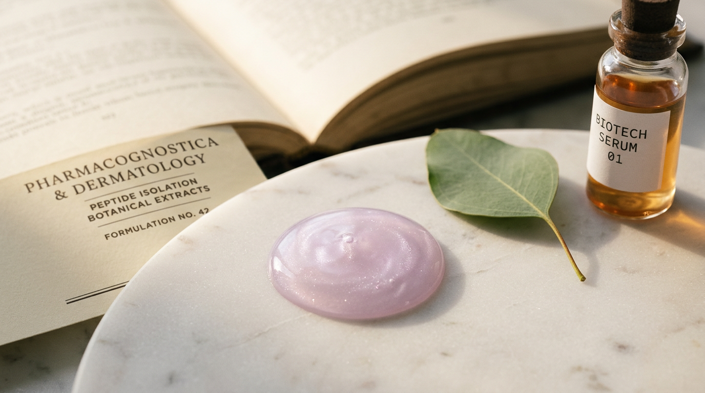 Exosomas piel intima: gota macro con shimmer biotech y libro cientifico, Vela Lab